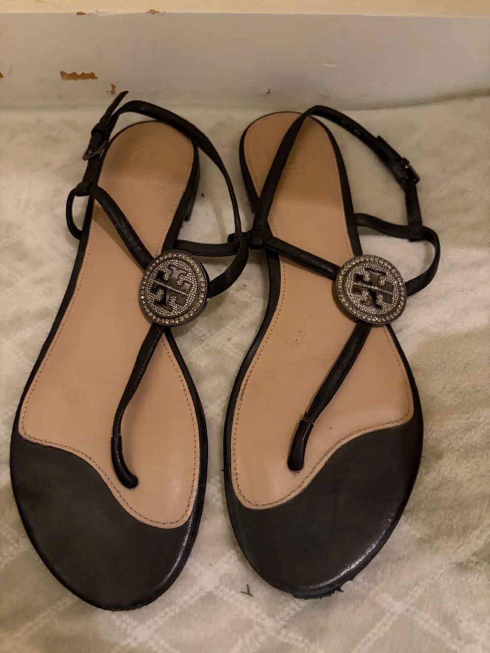 Tory Burch Black Leather T-Strap Sandals with Crystal Logo Medallions